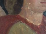 painting of an angel with a red cape and a green cape