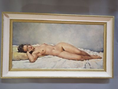 a painting of a nude woman laying on a bed