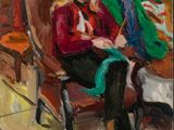 une peinture à l'huile représentant une femme assise sur une chaise dans une pièce