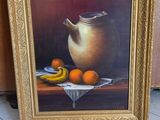 a picture of a painting of a pitcher and oranges on a table