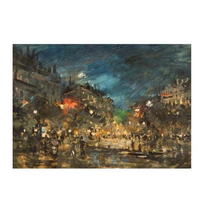 une peinture à l'huile représentant une rue de la ville la nuit, avec des passants marchant sur le trottoir