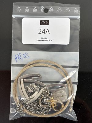 a close up of a bag of jewelry on a table