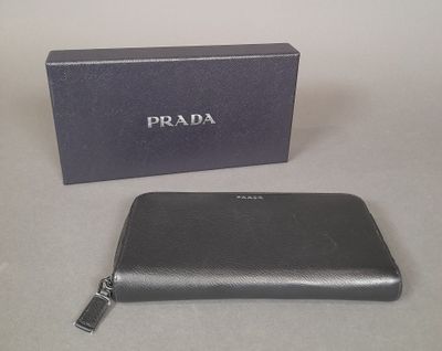 prada black leather zip around wallet