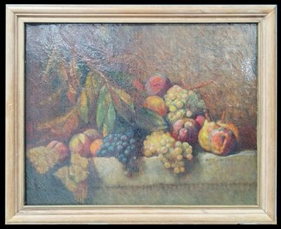 tableau représentant une nature morte composée de fruits posés sur une table, sur fond noir