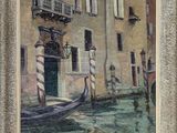 an oil painting of a gondola on a canal with a building in the background