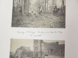 two pictures of people riding horses on the street