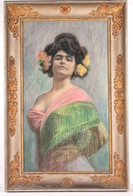 painting of a woman in a green and pink dress with flowers in her hair