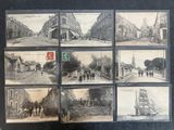 several old black and white photos of people walking down a street