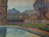 a painting of a building with a clock tower in the background