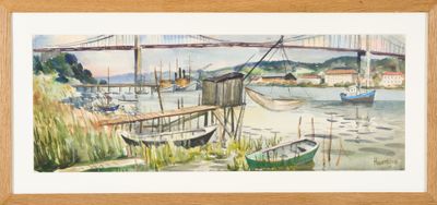 une aquarelle représentant des bateaux sur l'eau près d'un pont