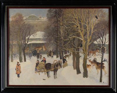 a painting of a horse drawn sleigh in the snow