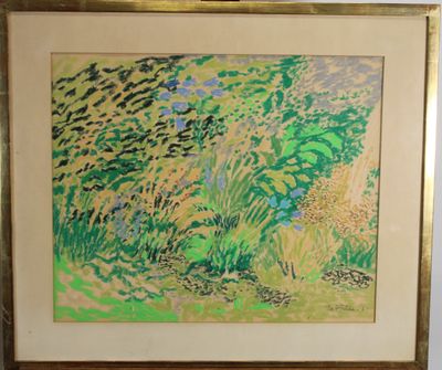 framed painting of a garden with wildflowers in a gold frame