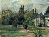 une peinture d'une maison au milieu d'un champ