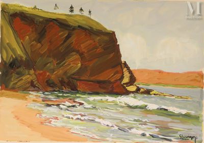 une image représentant un tableau représentant une falaise au bord de l'océan