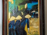 painting of a group of people with hats and umbrellas in front of a building