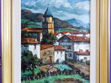 un tableau représentant un village avec une église en arrière-plan