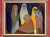an oil painting of a group of people standing in front of a building