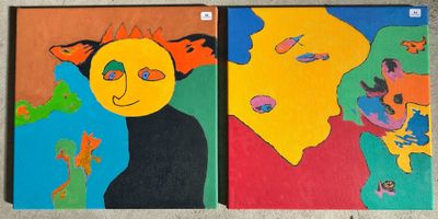 painting of a couple of people with faces painted on a wall