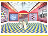 a painting of a room with a checkered floor and two people standing in it