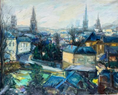 une peinture à l'huile représentant une vue d'une ville depuis une colline