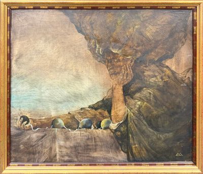 une peinture à l'huile représentant un homme adossé à un rocher, les mains sur le visage