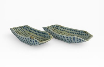 deux bols bleus et blancs à pois, posés sur une surface blanche