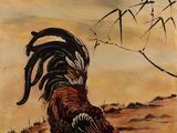 tableau représentant un coq dans un champ, avec des bambous en arrière-plan