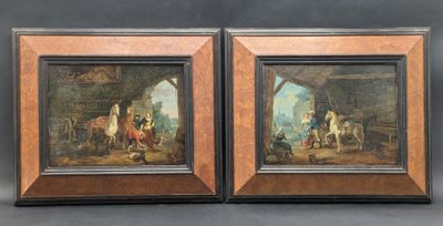 two framed paintings of a man and a woman in a stable