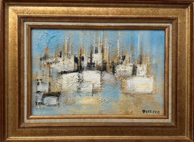 an oil painting of a cityscape in a gold frame on a wall