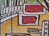 a picture of a drawing of a kitchen with a stove and microwave
