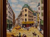 painting of a street scene with a horse drawn carriage in the foreground