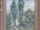 painting of a river scene with trees and a bridge in the foreground