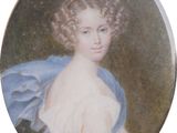 portrait of a young woman in a blue dress and white dress