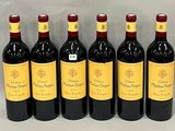 six bottles of red wine lined up in a row on a table