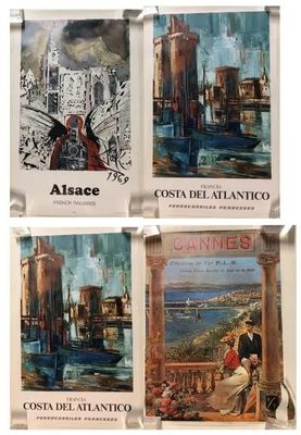 quatre cartes postales représentant une ville et une femme assise sur un banc