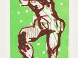 an image of a green and black drawing of a man on a skateboard