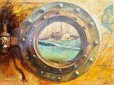 painting of a ship ' s porthole with a painting of a ship in it