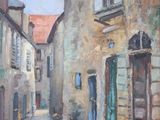 an oil painting of a street in a small town with old buildings