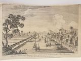 an old drawing of a river with boats and people on it