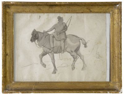 un vieux dessin représentant un homme à cheval, armé d'un arc