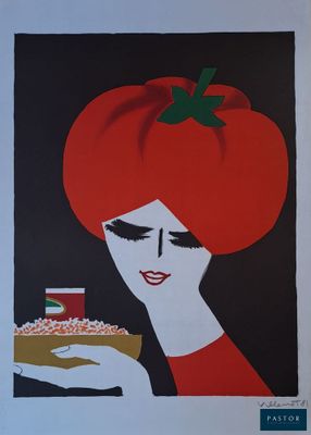une affiche représentant une femme tenant un sandwich garni d'une tomate