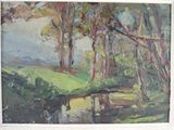 a painting of trees and a stream in the woods
