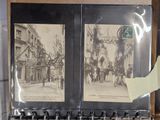 two black and white pictures of people on the street