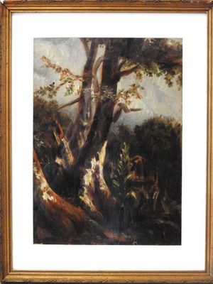 an image of a painting of a tree in a wooded area