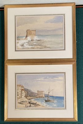 two framed paintings of boats on the water in a room