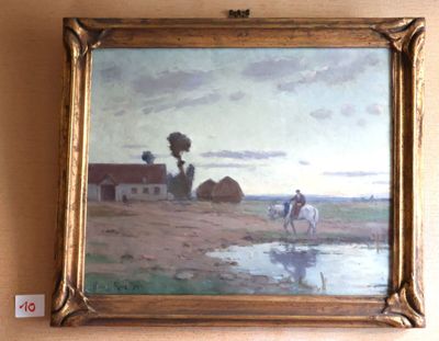 un tableau représentant un homme à cheval au bord d'une rivière