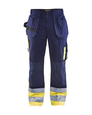 an image of a pair of blue work pants with reflective stripes