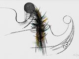 drawing of a black and yellow fish with a long tail
