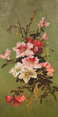 an oil painting of a bouquet of flowers on a green background