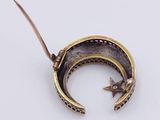 an image of a gold crescent shaped brooch with a bird on it